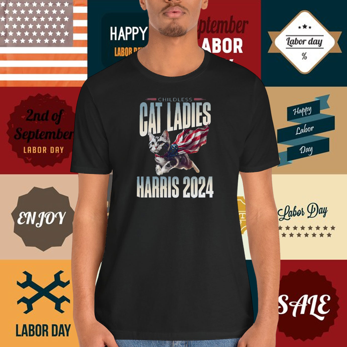Comfort Colors Childless Cat Ladies Kamala 2024 Flying Cat American Flag Cape Shirt