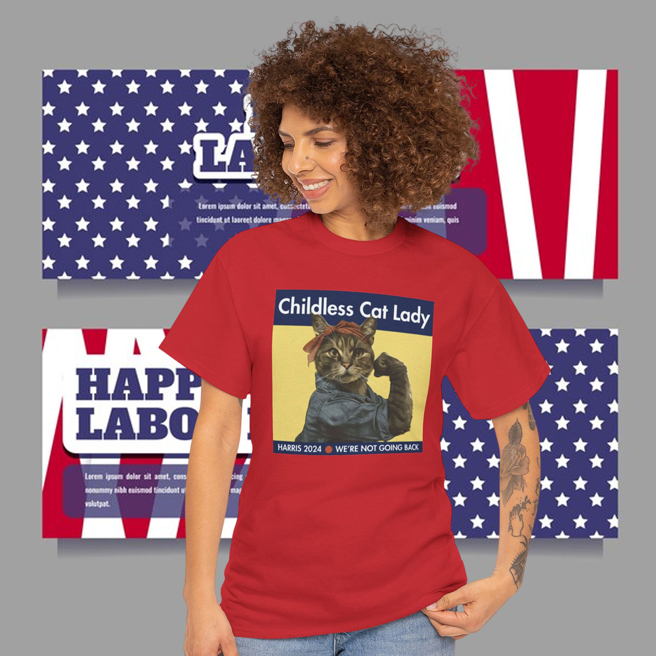 Original Childless Cat Lady Harris 2024 We're Not Going Back Shirt