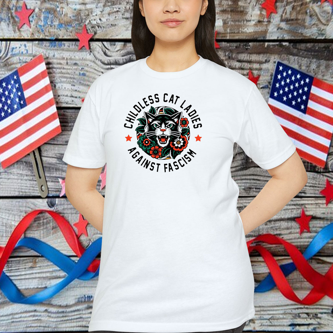 Retro Funny Childless Cat Ladies Against Fascism Feminist Graphic Shirt