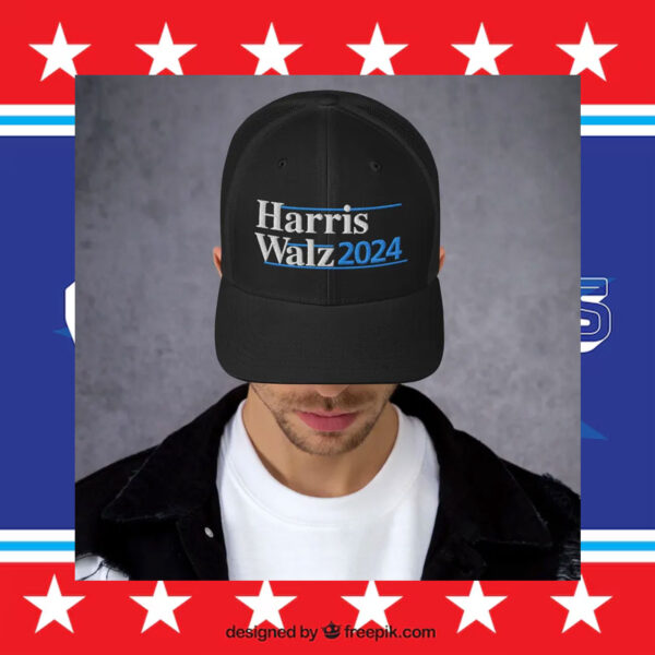 Harris Walz 2024 Embroidered Navy White Black Trucker Cap
