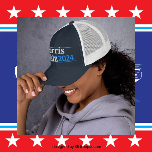 Harris Walz 2024 Embroidered Navy White Black Trucker Cap