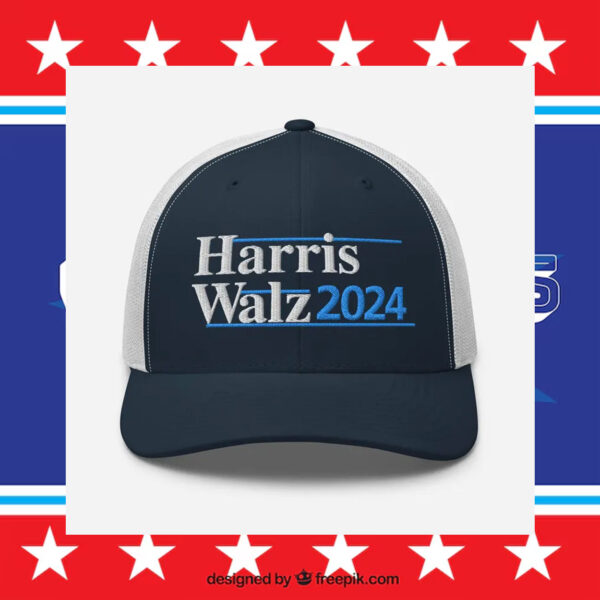 Harris Walz 2024 Embroidered Navy White Black Trucker Cap