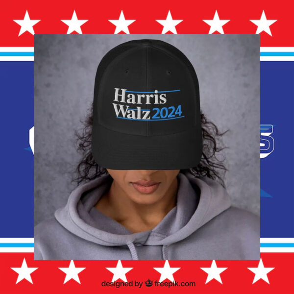 Harris Walz 2024 Embroidered Navy White Black Trucker Cap