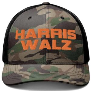 Harris Walz Camo Embroidered Trucker Cap