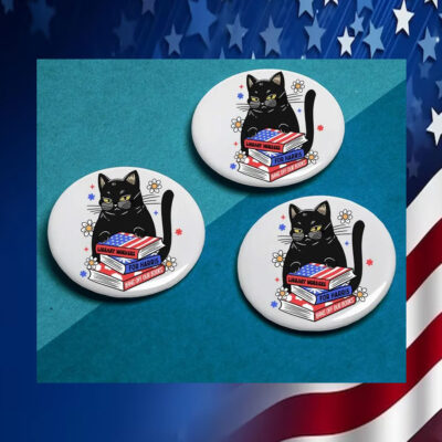 Black Cat Library Workers For Harris Bans Off Our Books Button Pin
