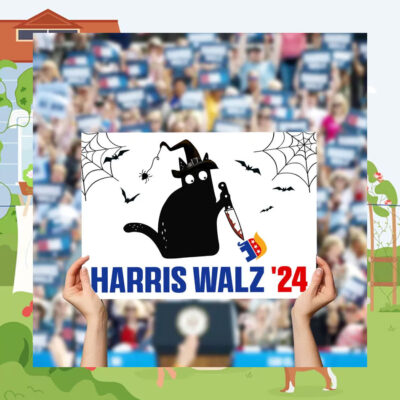 Black Cat For Harris Walz 24 Halloween Spooky Yard Sign