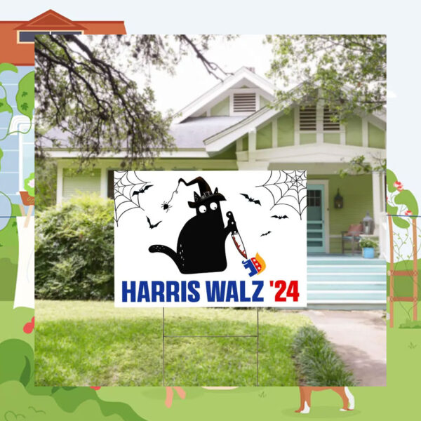 Black Cat For Harris Walz 24 Halloween Spooky Yard Sign