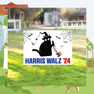 Black Cat For Harris Walz 24 Halloween Spooky Yard Sign