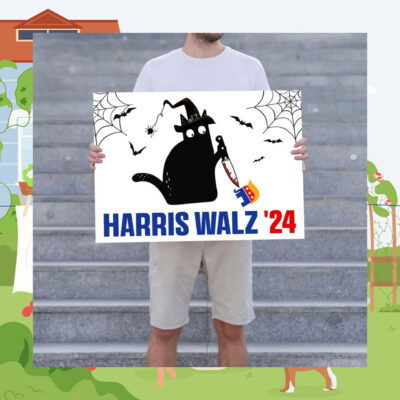Black Cat For Harris Walz 24 Halloween Spooky Yard Sign