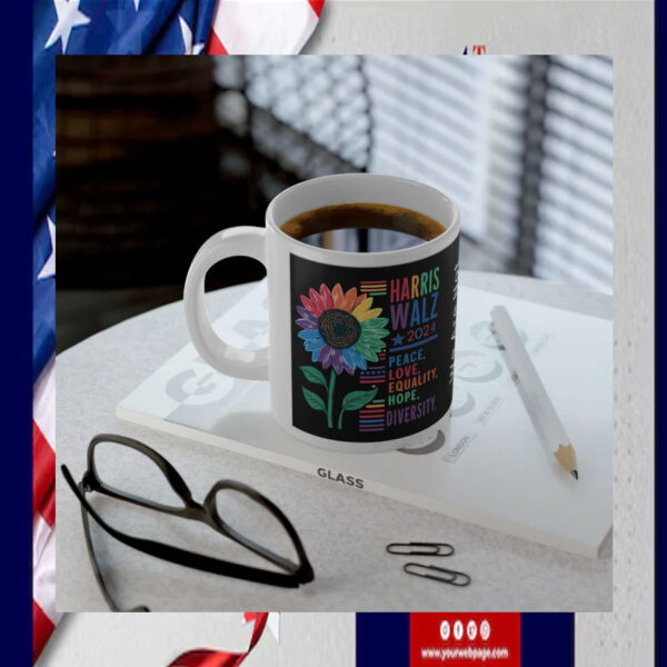 Harris Walz 2024 Colorful Peace, Love, Equality, Hope, Diversity Coffee Mug