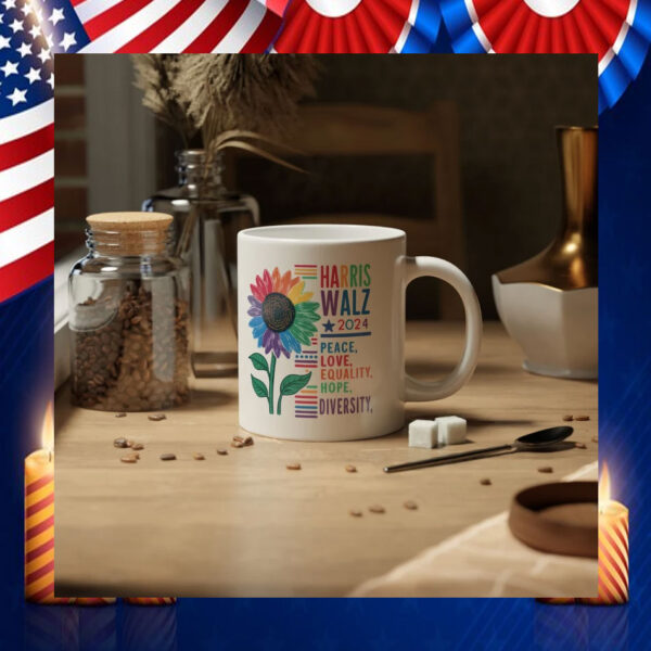Harris Walz 2024 Peace, Love, Equality, Hope, Diversity Mugs